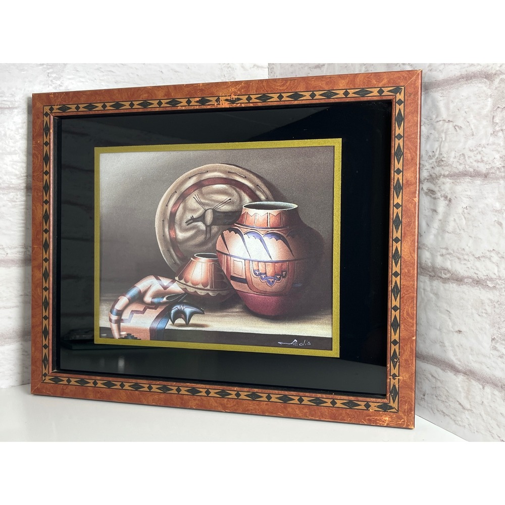Vintage 1991 Southwest Still Life Pottery Art Faux Burl Diamond Inlay Frame Art